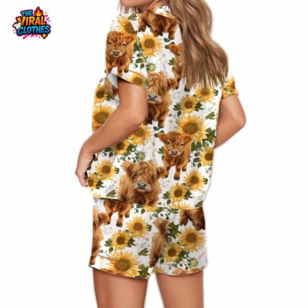 Highland Cow Sunflower Silky Satin Pajama Set For Women